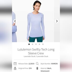 Lululemon Swiftly Long Sleeve Lavender Dusk Size 8